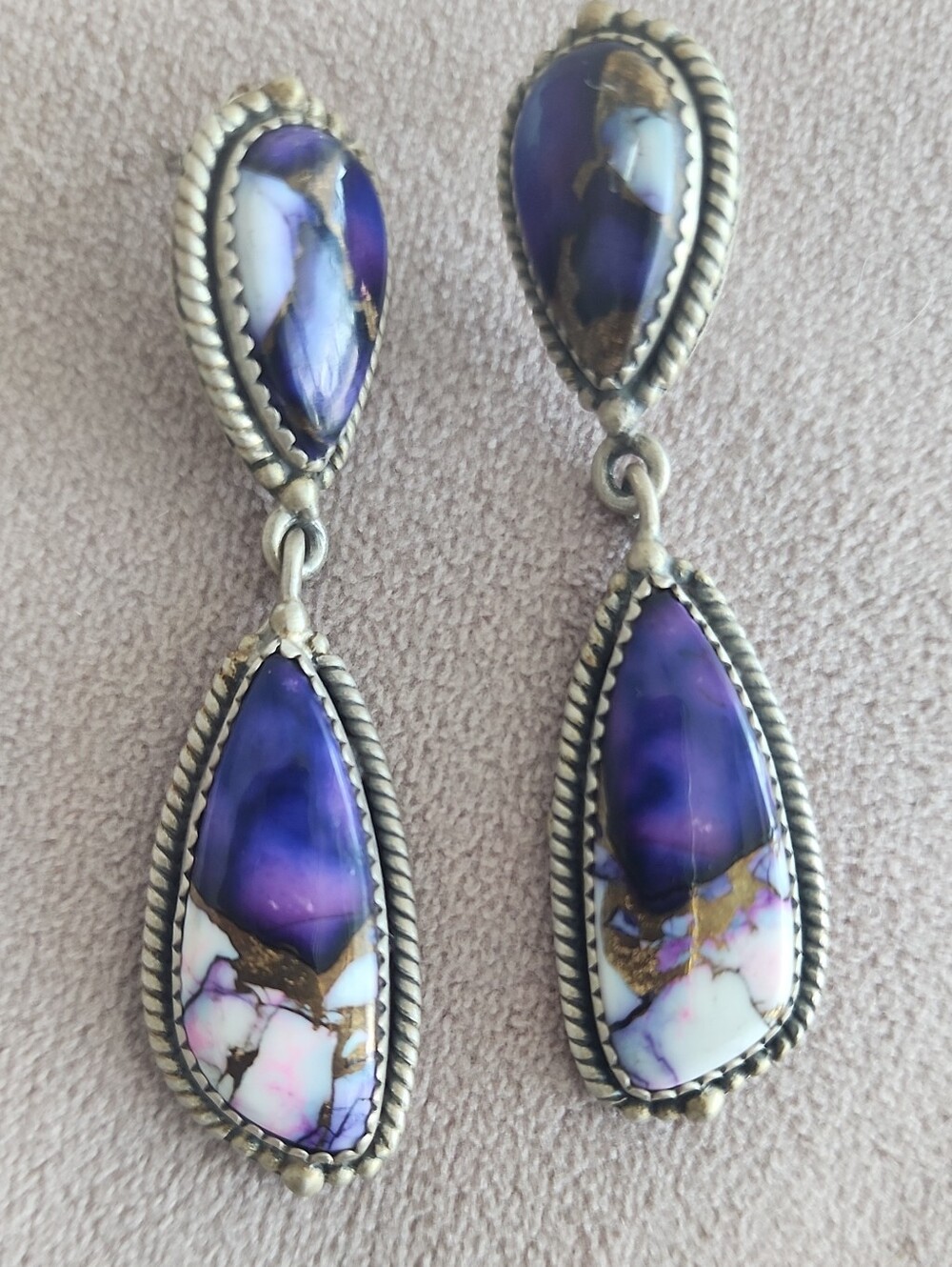 Vintage-Style Purple and White Stone Drop Earrings - Unbranded